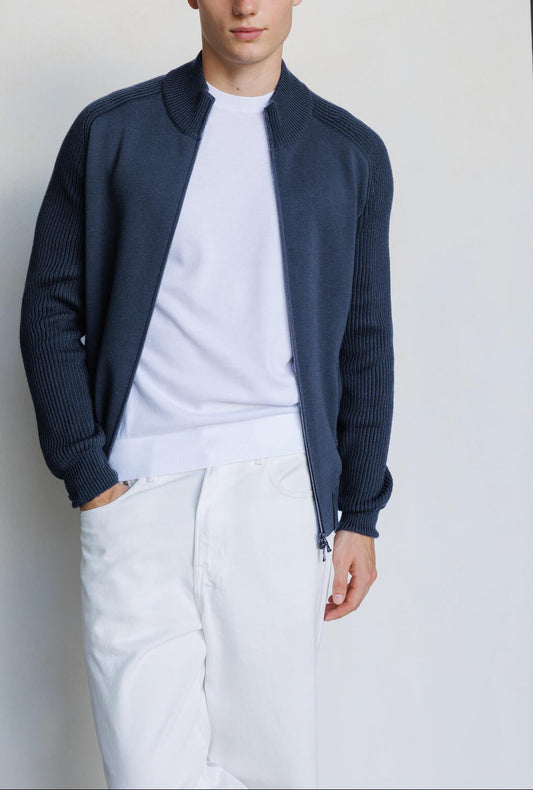 Ferrante Full Zip Wool Cardigan With Ribbed Sleeves