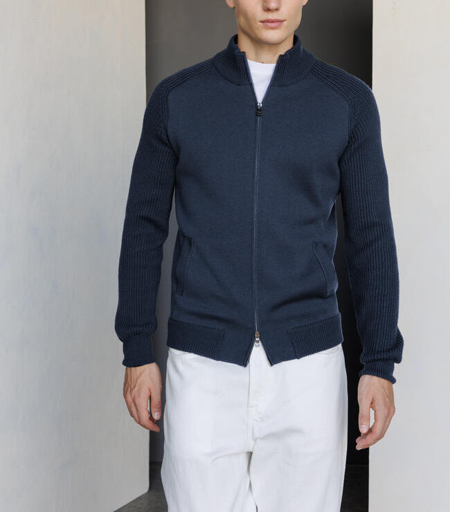 Ferrante Full Zip Wool Cardigan With Ribbed Sleeves