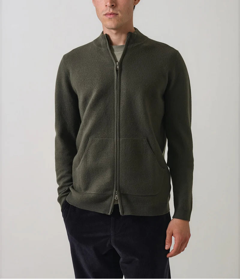 Patrick Assraf Boiled Wool Full Zip Mock Cardigan