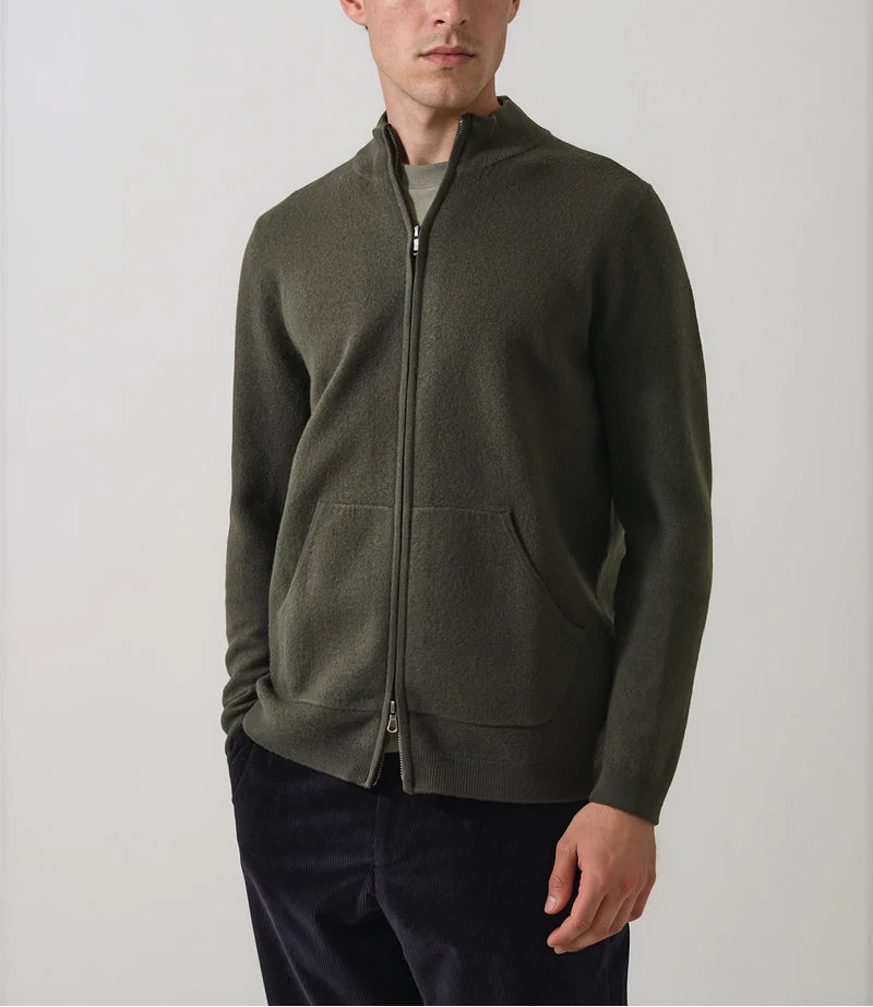 Patrick Assraf Boiled Wool Full Zip Mock Cardigan