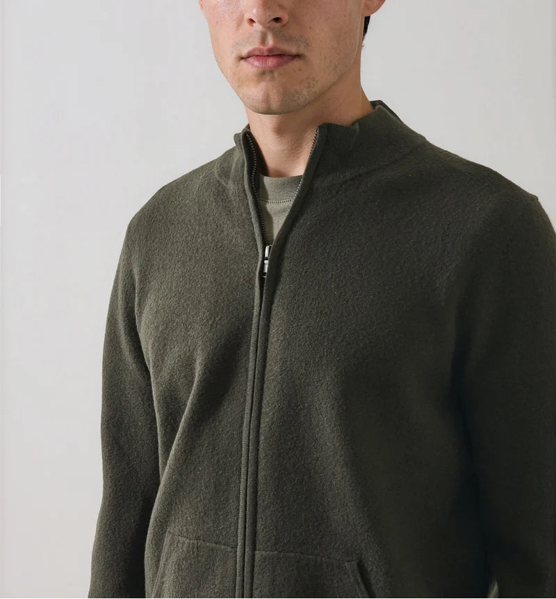 Patrick Assraf Boiled Wool Full Zip Mock Cardigan