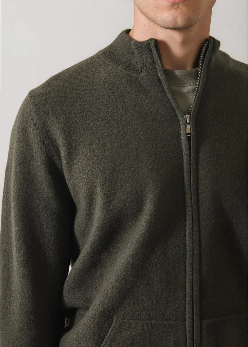 Patrick Assraf Boiled Wool Full Zip Mock Cardigan